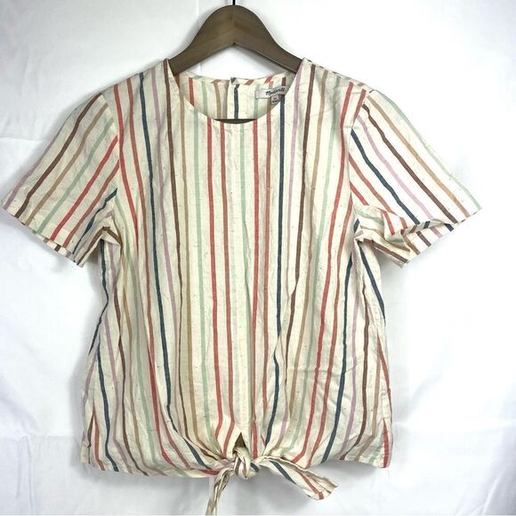 Madewell Women's Rainbow Stripe Short Sleeve Button-Back Tie Tee Top xs - Picture 6 of 16